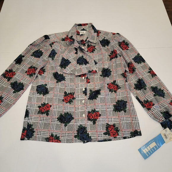 Vintage Leslie Fay Sportswear Floral Gingham Puff Sleeve Tie Button Up Top NWT! - Picture 4 of 16